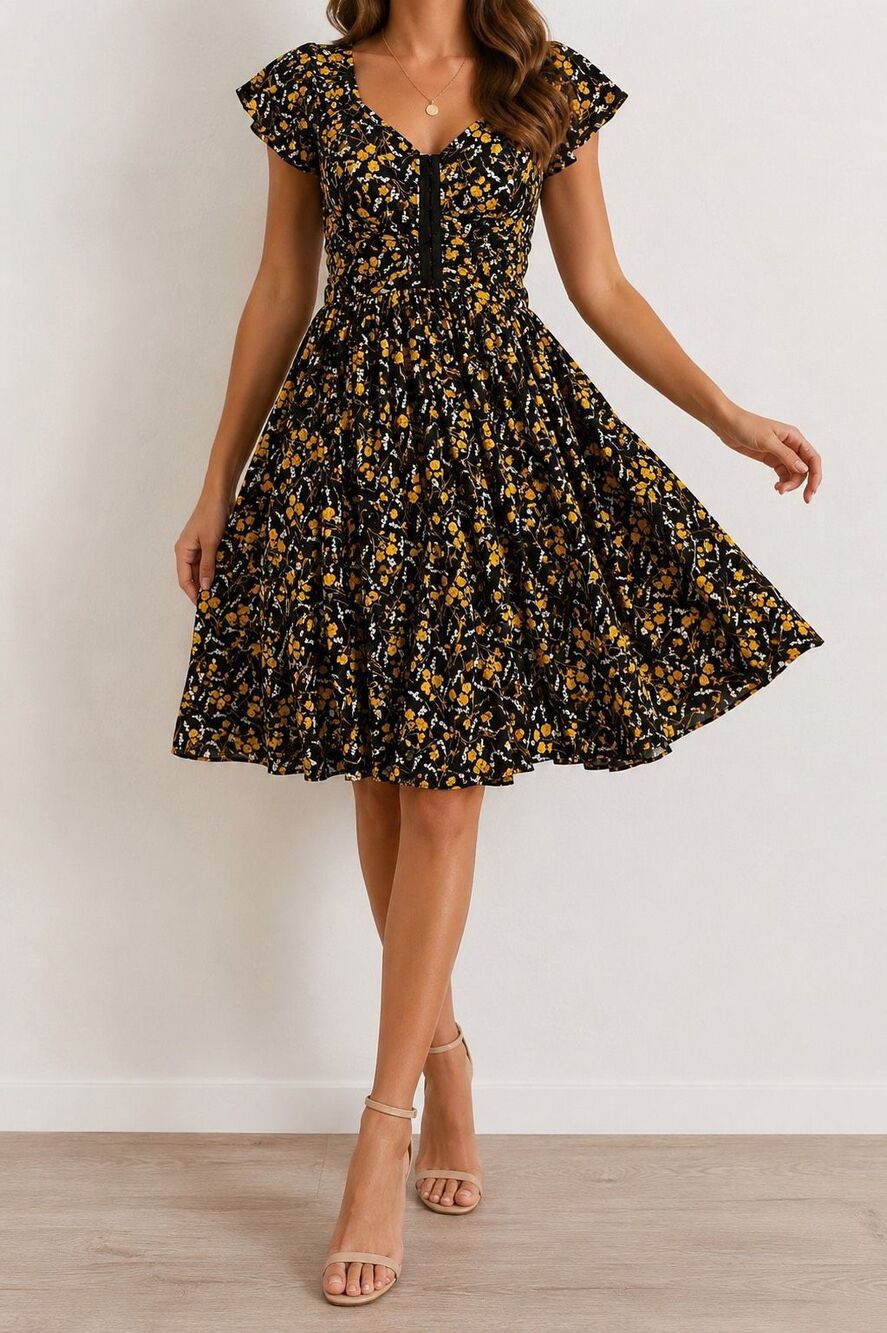 Anthropologie Maeve Medium Black Yellow Floral Fit & Flare Midi Dress